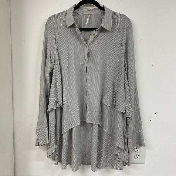 Free People Grey & White Striped Ruffled Tiered Long Sleeve Blouse Womens S Top - Picture 2 of 10